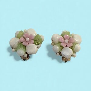Glass vintage 1960’s Floral Clip-On Earrings with Pink and Green Accents